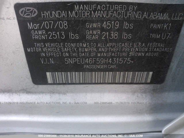 5NPEU46F59H431575 - 2009 HYUNDAI SONATA SE/LIMITED SILVER photo 9