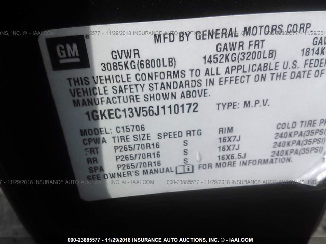 1GKEC13V56J110172 - 2006 GMC YUKON BLACK photo 9