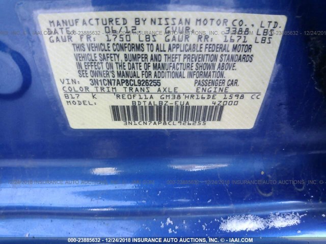 3N1CN7AP8CL926255 - 2012 NISSAN VERSA S/SV/SL BLUE photo 9