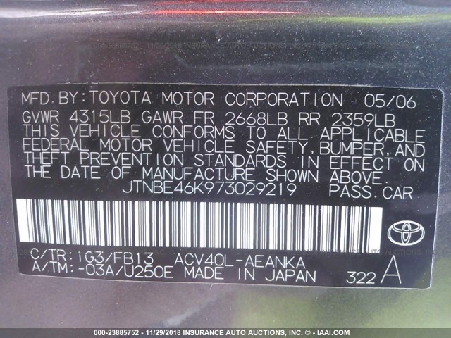 JTNBE46K973029219 - 2007 TOYOTA CAMRY NEW GENERAT CE/LE/XLE/SE GRAY photo 9