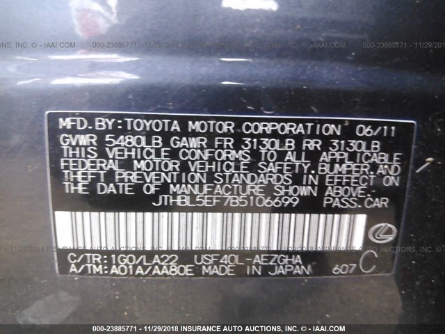 JTHBL5EF7B5106699 - 2011 LEXUS LS 460 BLACK photo 9