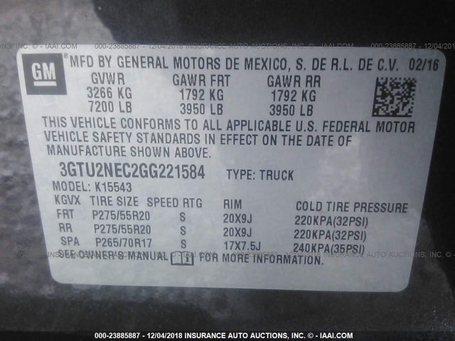 3GTU2NEC2GG221584 - 2016 GMC SIERRA K1500 SLT BLACK photo 9