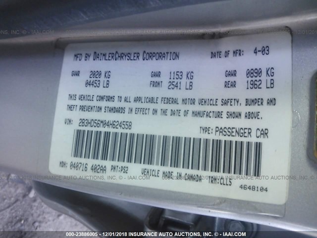 2B3HD56M04H624558 - 2004 DODGE INTREPID ES/SXT ვერცხლისფერი ფოტო 9