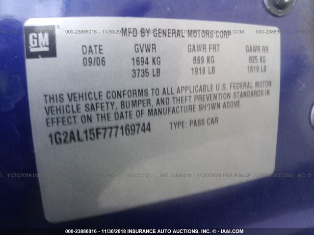 1G2AL15F777169744 - 2007 PONTIAC G5 BLUE photo 9