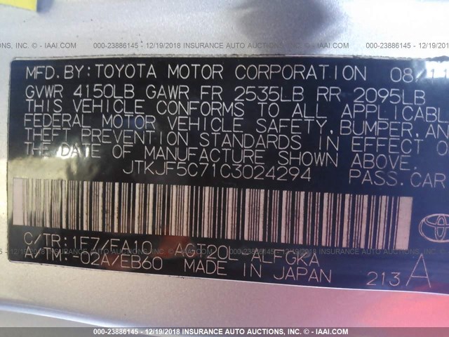 JTKJF5C71C3024294 - 2012 TOYOTA SCION TC ვერცხლისფერი ფოტო 9