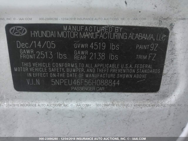 5NPEU46F56H088844 - 2006 HYUNDAI SONATA GLS/LX WHITE photo 9