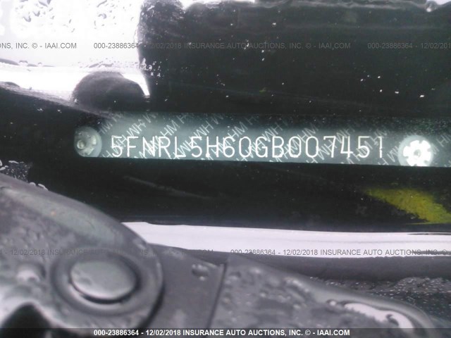 5FNRL5H60GB007451 - 2016 HONDA ODYSSEY EXL BLACK photo 9