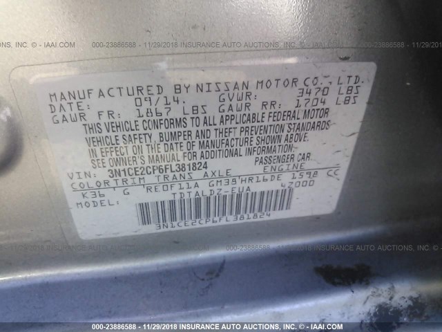 3N1CE2CP6FL381824 - 2015 NISSAN VERSA NOTE S/S PLUS/SV/SL/SR SILVER photo 9
