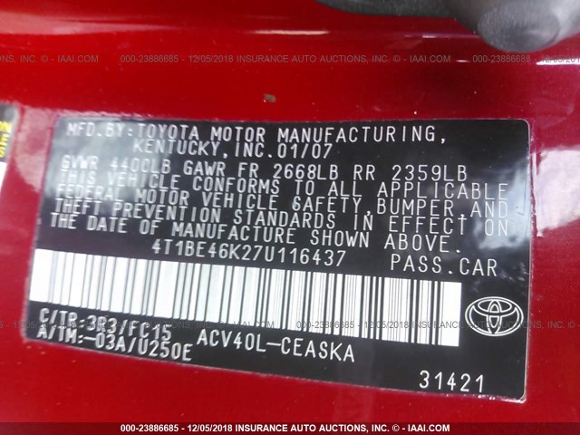 4T1BE46K27U116437 - 2007 TOYOTA CAMRY NEW GENERAT CE/LE/XLE/SE RED photo 9