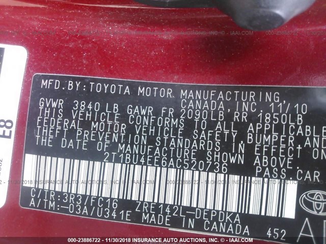 2T1BU4EE6AC520736 - 2010 TOYOTA COROLLA S/LE/XLE RED photo 9