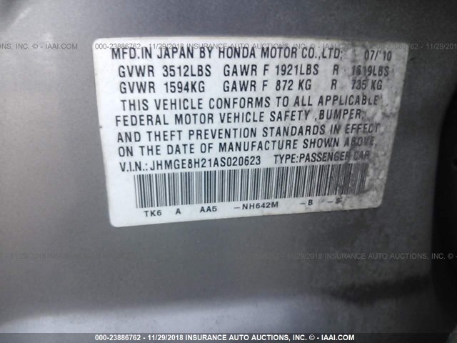 JHMGE8H21AS020623 - 2010 HONDA FIT SILVER photo 9