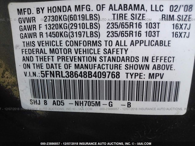 5FNRL38648B409768 - 2008 HONDA ODYSSEY EXL GRAY photo 9