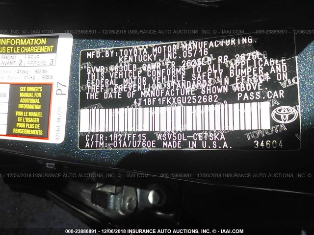 4T1BF1FKXGU252682 - 2016 TOYOTA CAMRY LE/XLE/SE/XSE BLACK photo 9