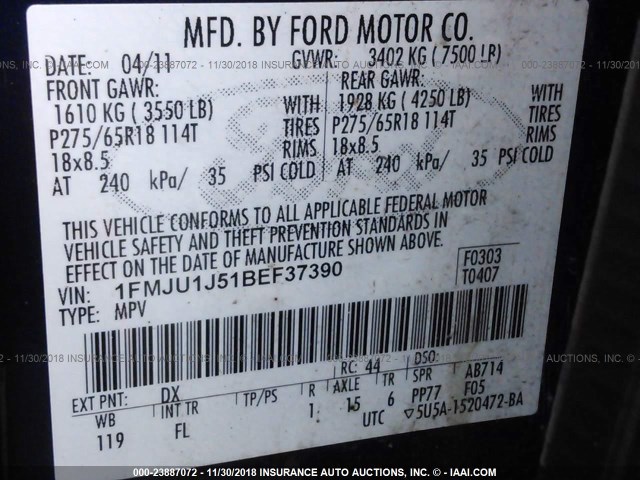 1FMJU1J51BEF37390 - 2011 FORD EXPEDITION XLT/KING RANCH BLUE photo 9