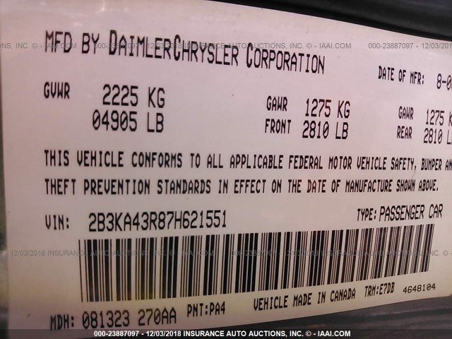 2B3KA43R87H621551 - 2007 DODGE CHARGER SE/SXT GRAY photo 9