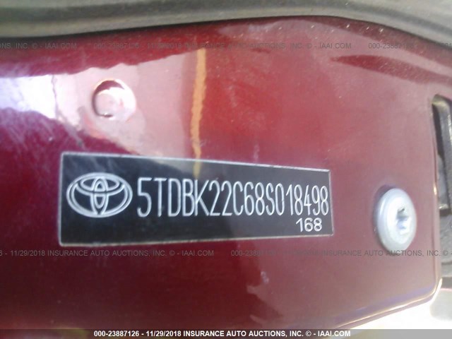 5TDBK22C68S018498 - 2008 TOYOTA SIENNA XLE/XLE LIMITED RED photo 9