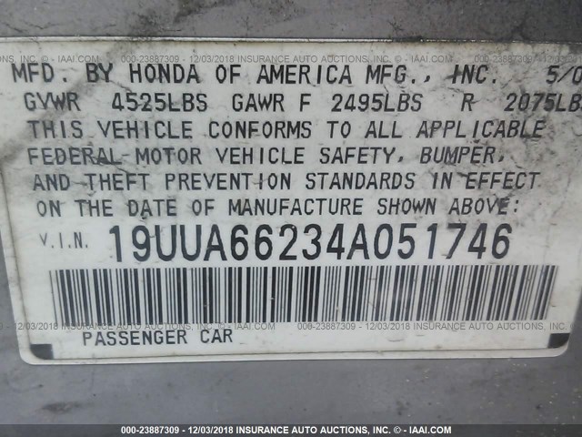 19UUA66234A051746 - 2004 ACURA TL SILVER photo 9