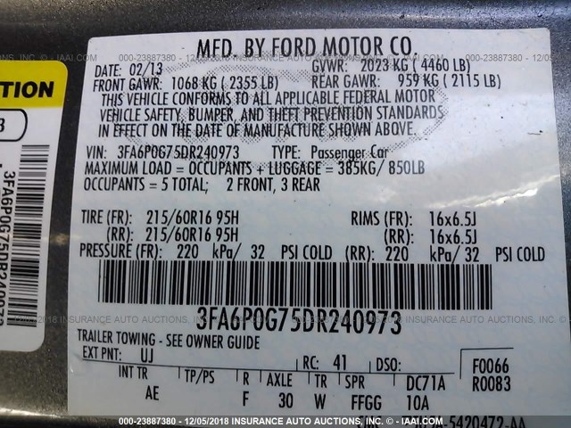 3FA6P0G75DR240973 - 2013 FORD FUSION S GRAY photo 9