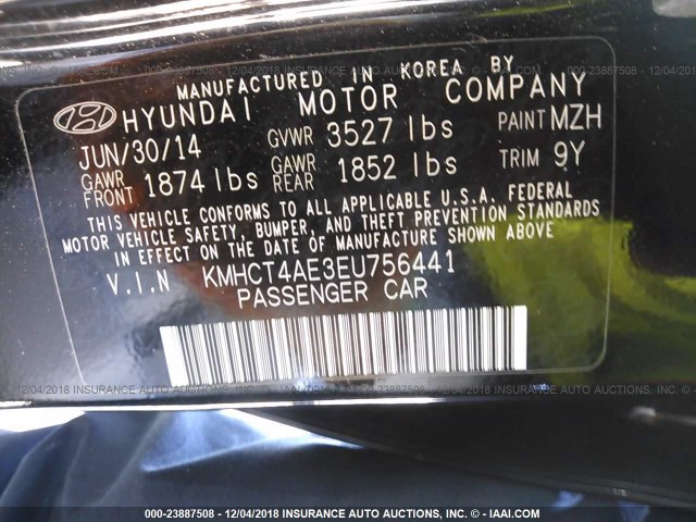 KMHCT4AE3EU756441 - 2014 HYUNDAI ACCENT GLS/GS BLACK photo 9