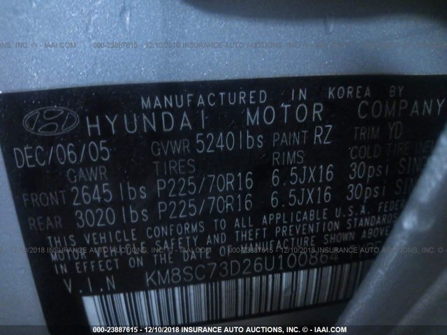 KM8SC73D26U100864 - 2006 HYUNDAI SANTA FE GLS/LIMITED SILVER photo 9