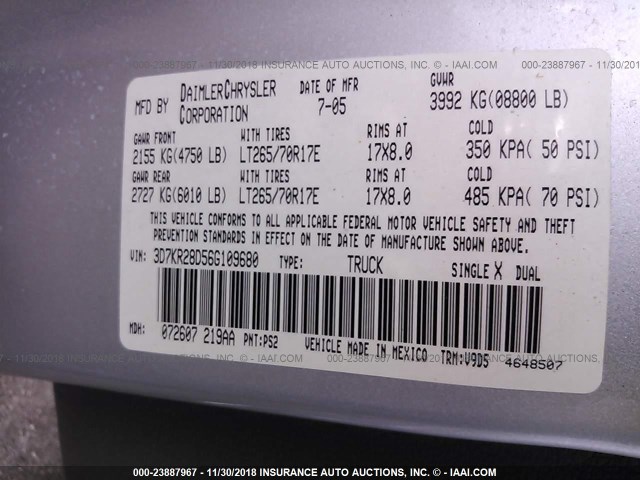 3D7KR28D56G109680 - 2006 DODGE RAM 2500 ST/SLT 银色 照片 9