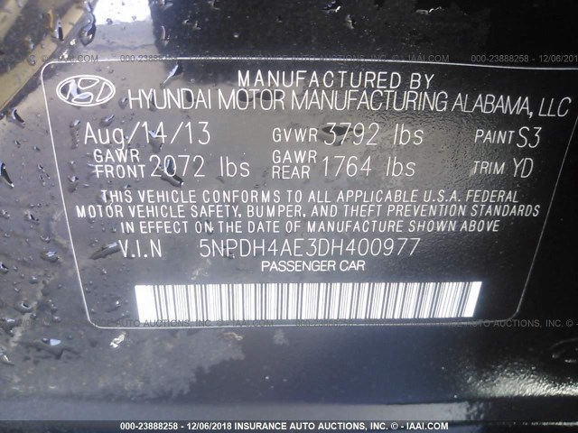 5NPDH4AE3DH400977 - 2013 HYUNDAI ELANTRA GLS/LIMITED BLACK photo 9