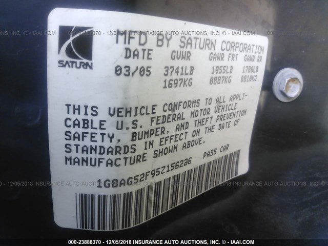 1G8AG52F95Z156226 - 2005 SATURN ION LEVEL 1 SILVER photo 9