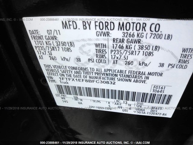 1FTFX1EF8BFC30832 - 2011 FORD F150 SUPER CAB BLACK photo 9