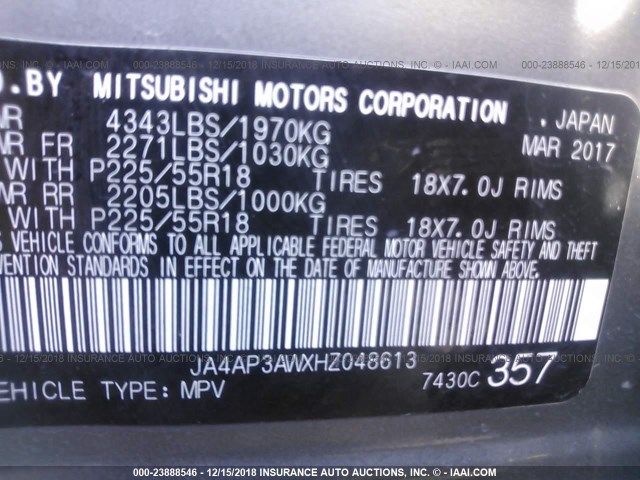 JA4AP3AWXHZ048613 - 2017 MITSUBISHI OUTLANDER SPORT ES/SE GRAY photo 9