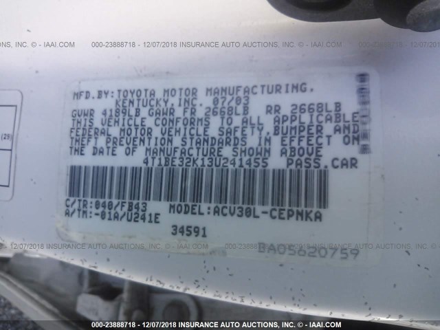 4T1BE32K13U241455 - 2003 TOYOTA CAMRY LE/XLE/SE WHITE photo 9