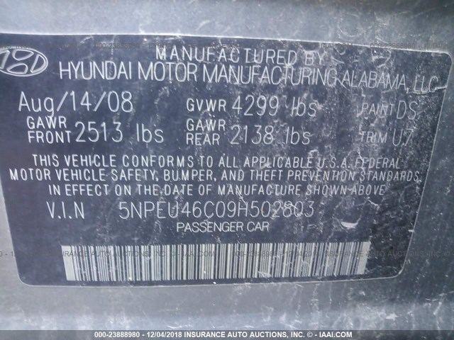 5NPEU46C09H502803 - 2009 HYUNDAI SONATA SE/LIMITED GRAY photo 9