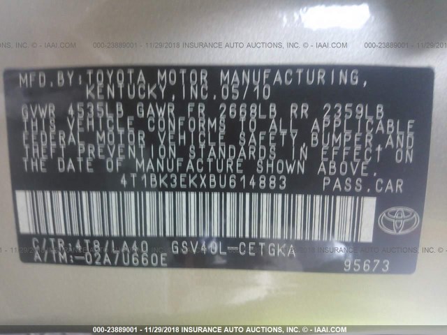 4T1BK3EKXBU614883 - 2011 TOYOTA CAMRY SE/LE/XLE GOLD photo 9