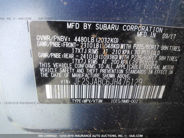 JF2SJABC6JH476129 - 2018 SUBARU FORESTER 2.5I BLUE photo 9