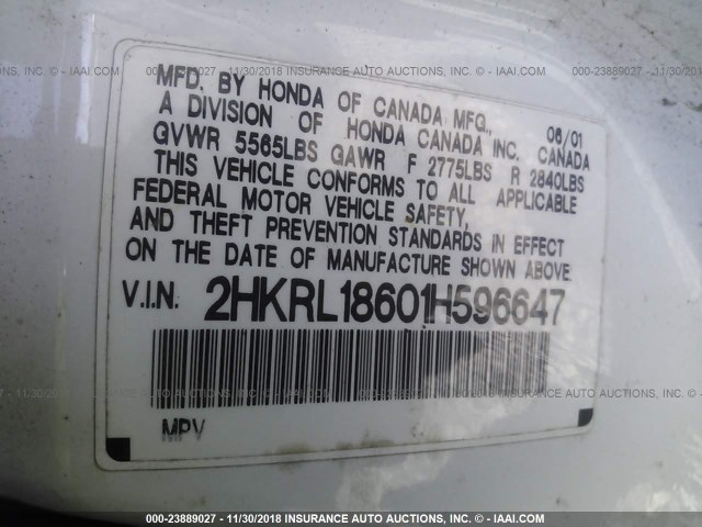 2HKRL18601H596647 - 2001 HONDA ODYSSEY EX WHITE photo 9