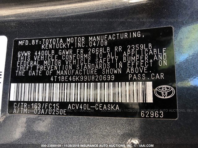 4T1BE46K99U820699 - 2009 TOYOTA CAMRY SE/LE/XLE ნაცრისფერი ფოტო 9