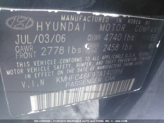 KMHFC46F97A140956 - 2007 HYUNDAI AZERA SE/LIMITED BLACK photo 9