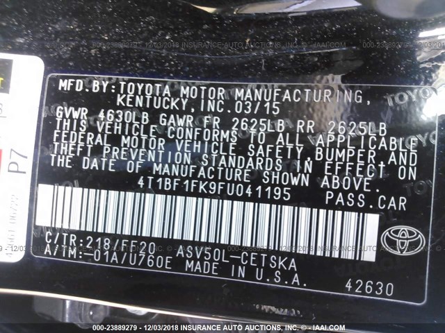 4T1BF1FK9FU041195 - 2015 TOYOTA CAMRY LE/XLE/SE/XSE 黑色 照片 9