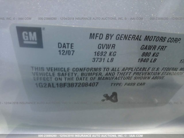 1G2AL18F387208407 - 2008 PONTIAC G5 SILVER photo 9