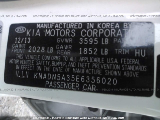 KNADN5A35E6356020 - 2014 KIA RIO EX WHITE photo 9