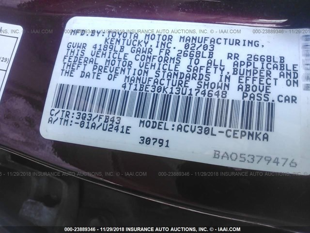 4T1BE30K13U174648 - 2003 TOYOTA CAMRY LE/XLE/SE MAROON photo 9