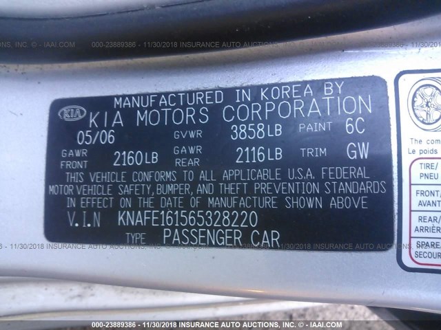 KNAFE161565328220 - 2006 KIA SPECTRA5 SILVER photo 9