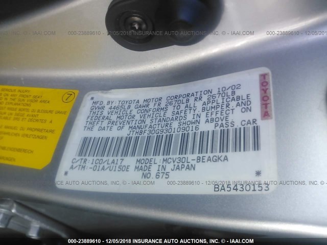 JTHBF30G930109016 - 2003 LEXUS ES 300 SILVER photo 9