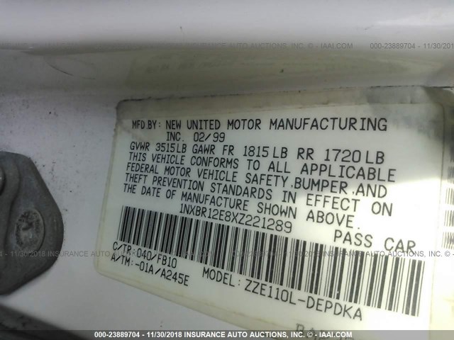 1NXBR12E8XZ221289 - 1999 TOYOTA COROLLA VE/CE/LE WHITE photo 9