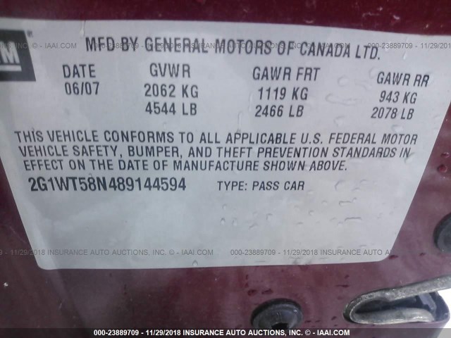 2G1WT58N489144594 - 2008 CHEVROLET IMPALA LT RED photo 9