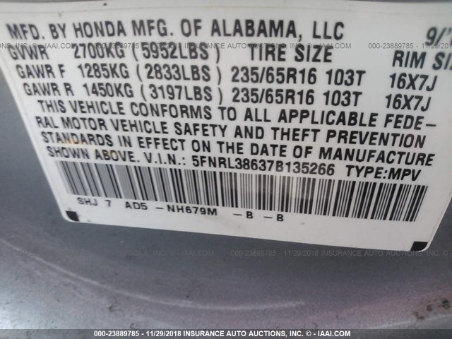 5FNRL38637B135266 - 2007 HONDA ODYSSEY EXL SILVER photo 9