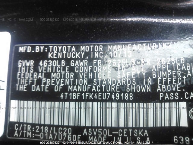 4T1BF1FK4EU749188 - 2014 TOYOTA CAMRY L/SE/LE/XLE 黑色 照片 9