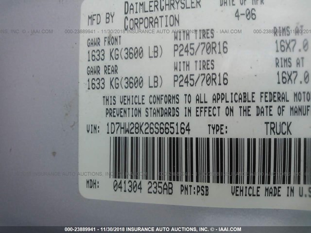 1D7HW28K26S665164 - 2006 DODGE DAKOTA QUAD/ST SILVER photo 9