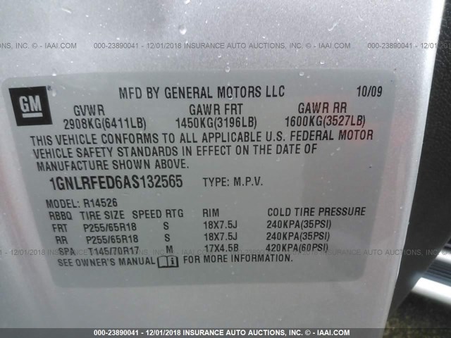 1GNLRFED6AS132565 - 2010 CHEVROLET TRAVERSE LT SILVER photo 9