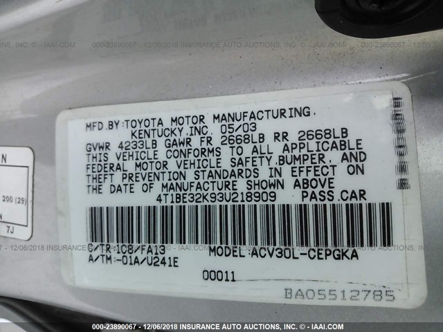 4T1BE32K93U218909 - 2003 TOYOTA CAMRY LE/XLE/SE SILVER photo 9