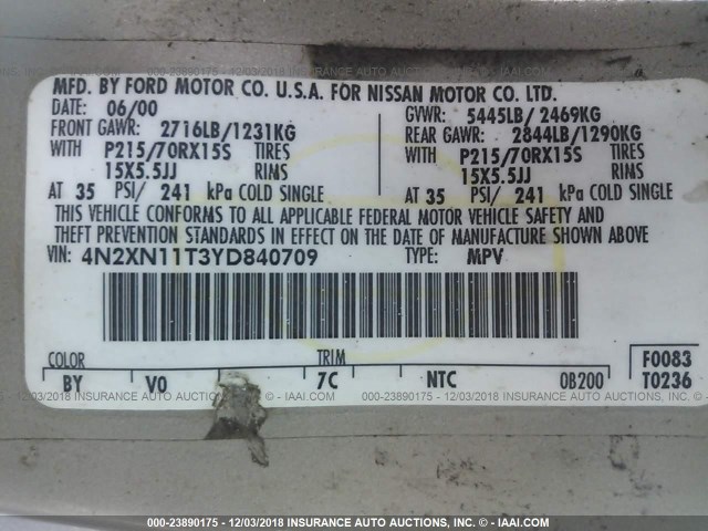 4N2XN11T3YD840709 - 2000 NISSAN QUEST SE/GLE/GXE TAN photo 9